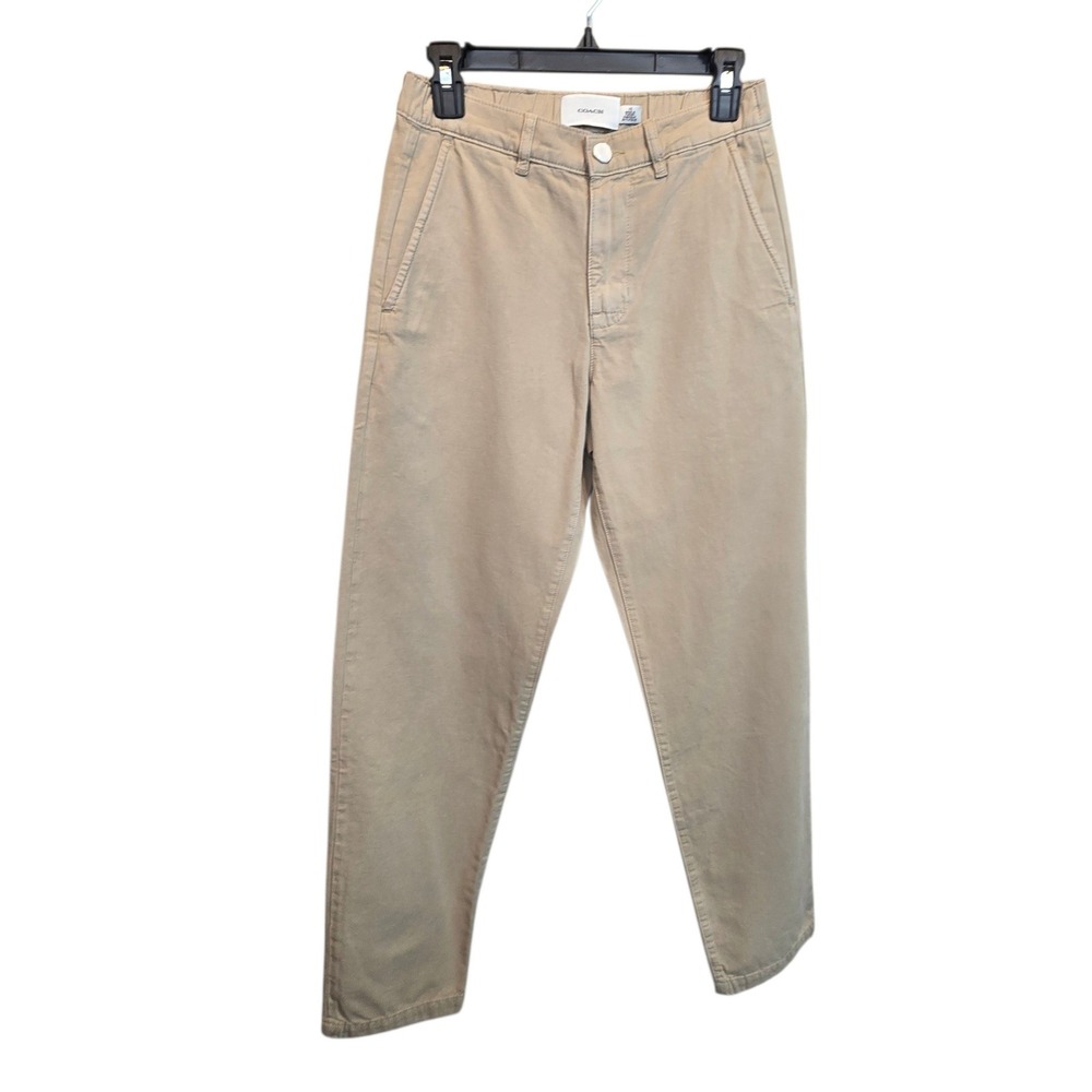 Coach Chino Pants Womens XS Beige Tapered Cotton Twill Leather Trim Preppy